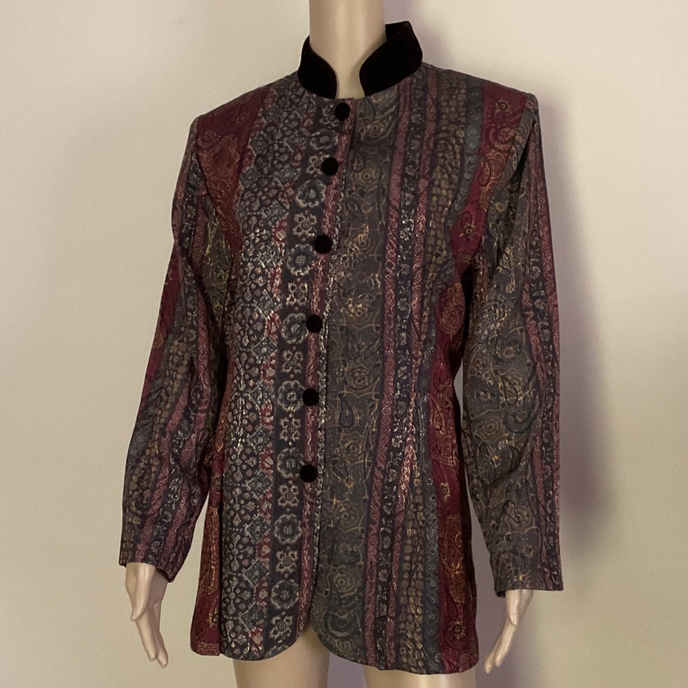 Vintage Niki Taylor Nehru Jacket Opulent Jacquard With Velvet Collar